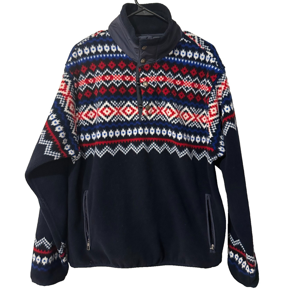 Polo Ralph Lauren Mens M Fleece 1/4 Zip Pullover Nordic Fair Isle Navy Red Sweat